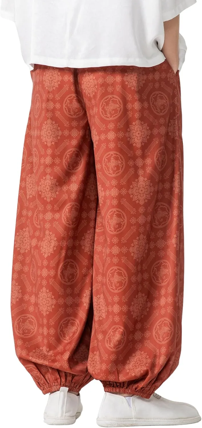 PRIJOUHE Men's Casual Harem Pants Elastic Waist Yoga Pants Lightweight Wide Leg Printed Summer Beach Trouser