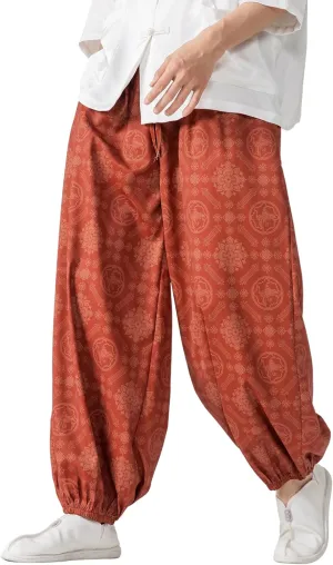 PRIJOUHE Men's Casual Harem Pants Elastic Waist Yoga Pants Lightweight Wide Leg Printed Summer Beach Trouser