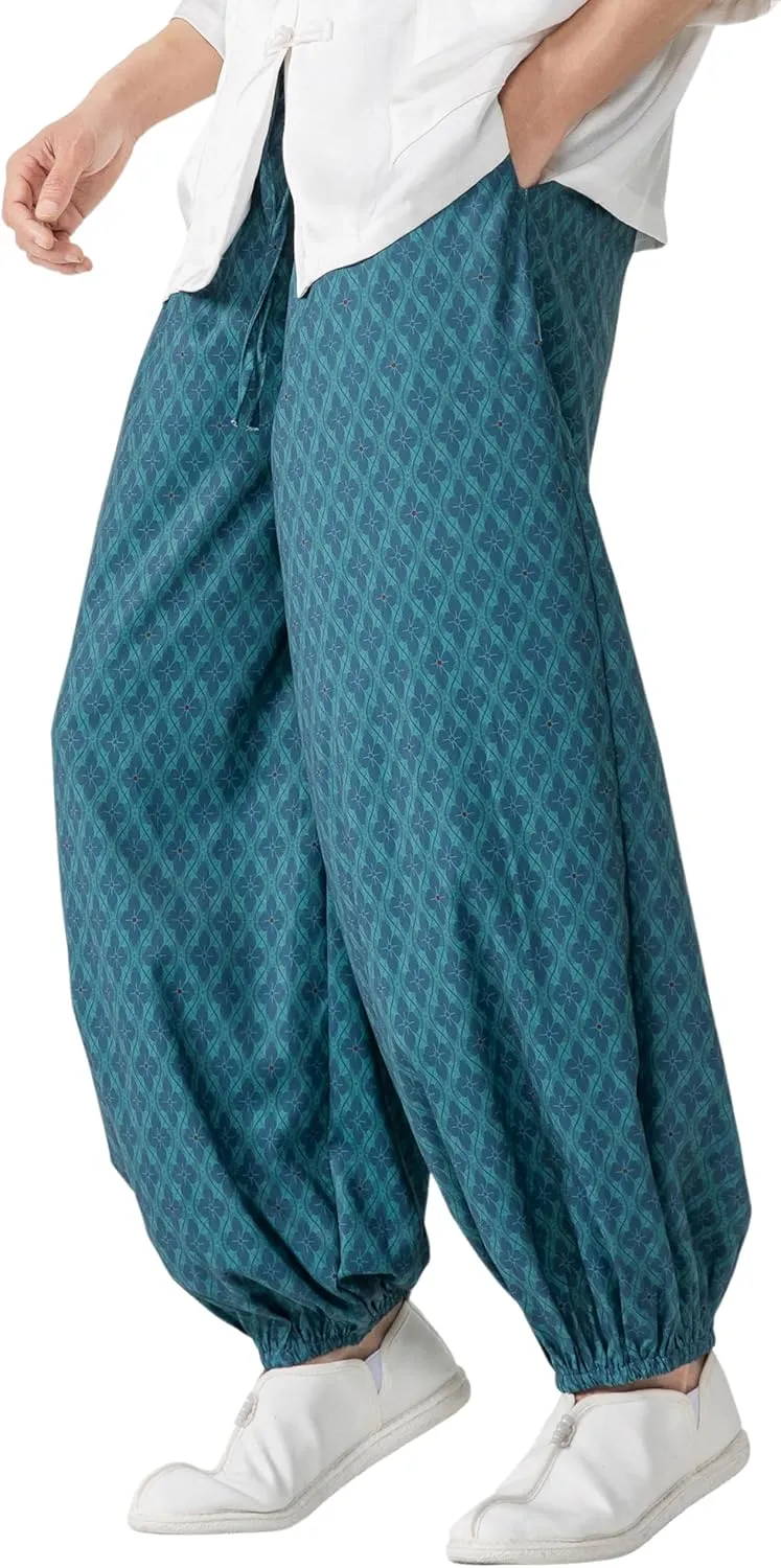 PRIJOUHE Men's Casual Harem Pants Elastic Waist Yoga Pants Lightweight Wide Leg Printed Summer Beach Trouser