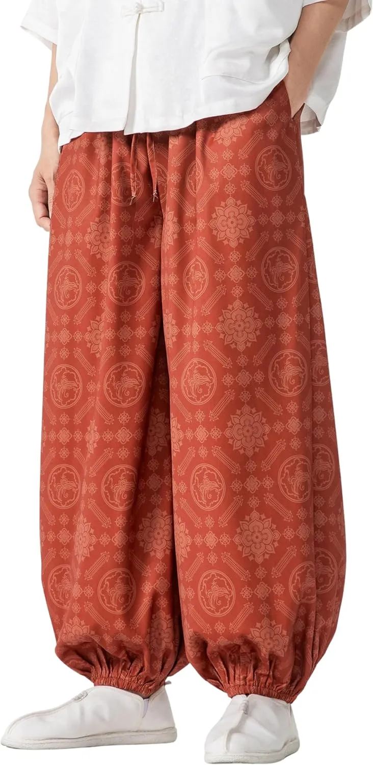 PRIJOUHE Men's Casual Harem Pants Elastic Waist Yoga Pants Lightweight Wide Leg Printed Summer Beach Trouser