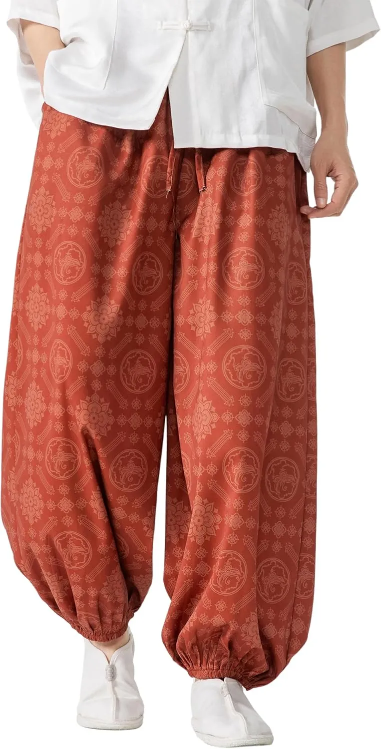 PRIJOUHE Men's Casual Harem Pants Elastic Waist Yoga Pants Lightweight Wide Leg Printed Summer Beach Trouser