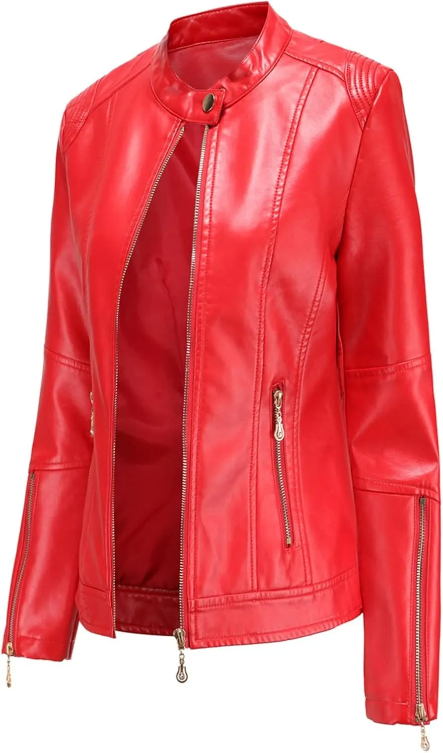PU Leather Jacket Ladies Outerwear, Long Sleeve Motorcycle Jacket, Windproof Women Coat (Color : Red, Size : 3X-Large)