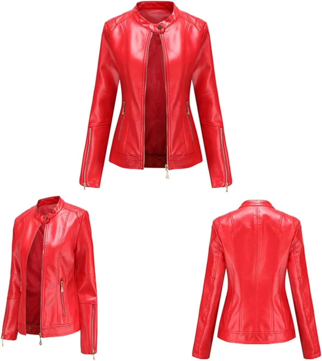 PU Leather Jacket Ladies Outerwear, Long Sleeve Motorcycle Jacket, Windproof Women Coat (Color : Red, Size : 3X-Large)