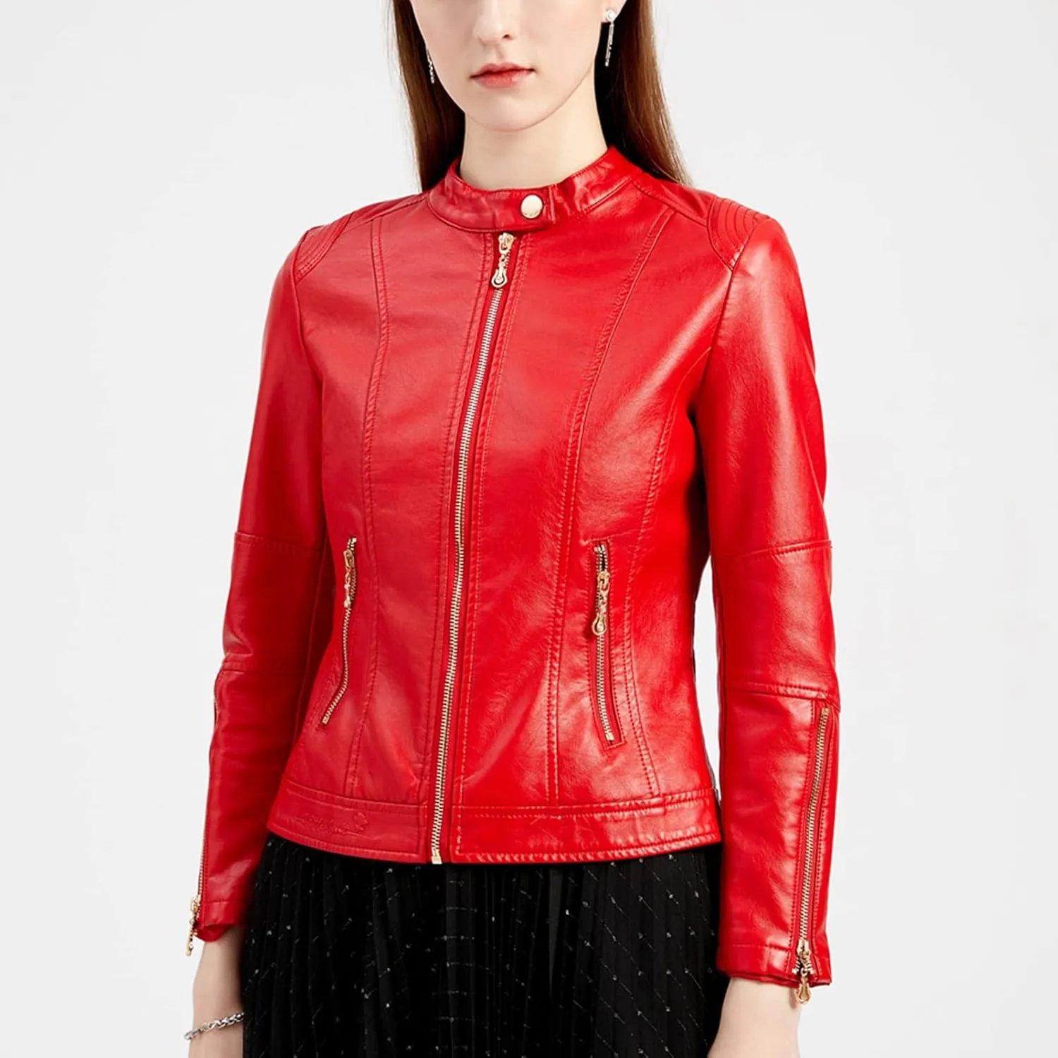 PU Leather Jacket Ladies Outerwear, Long Sleeve Motorcycle Jacket, Windproof Women Coat (Color : Red, Size : 3X-Large)