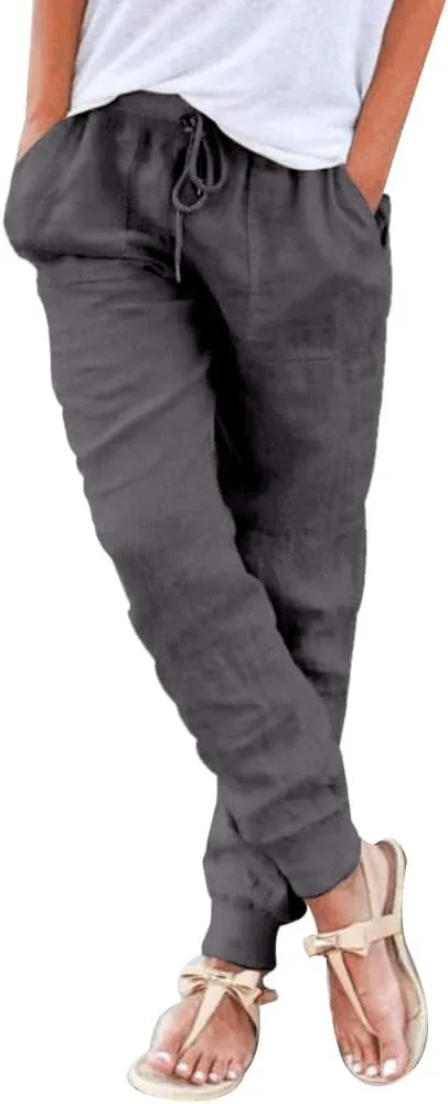 Puimentiua Womens Tapered Pants Cotton Linen Drawstring Back Elastic Waist Pants Casual Trousers with Pockets