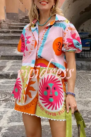 Quirky Sun Print Button Down Elastic Waist Pocket Shorts Set