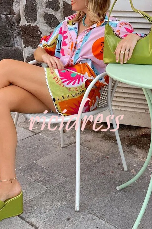 Quirky Sun Print Button Down Elastic Waist Pocket Shorts Set