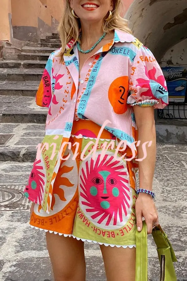 Quirky Sun Print Button Down Elastic Waist Pocket Shorts Set