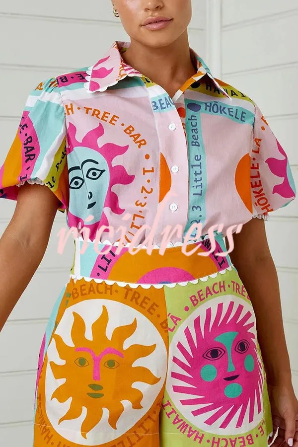 Quirky Sun Print Button Down Elastic Waist Pocket Shorts Set