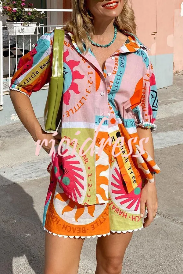 Quirky Sun Print Button Down Elastic Waist Pocket Shorts Set