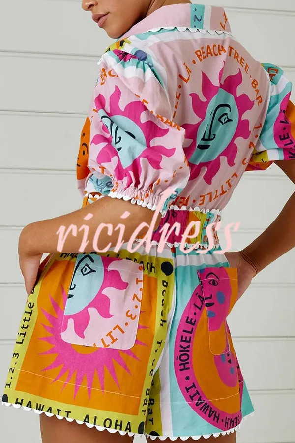 Quirky Sun Print Button Down Elastic Waist Pocket Shorts Set