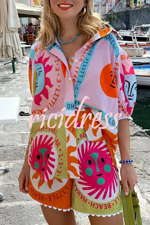 Quirky Sun Print Button Down Elastic Waist Pocket Shorts Set