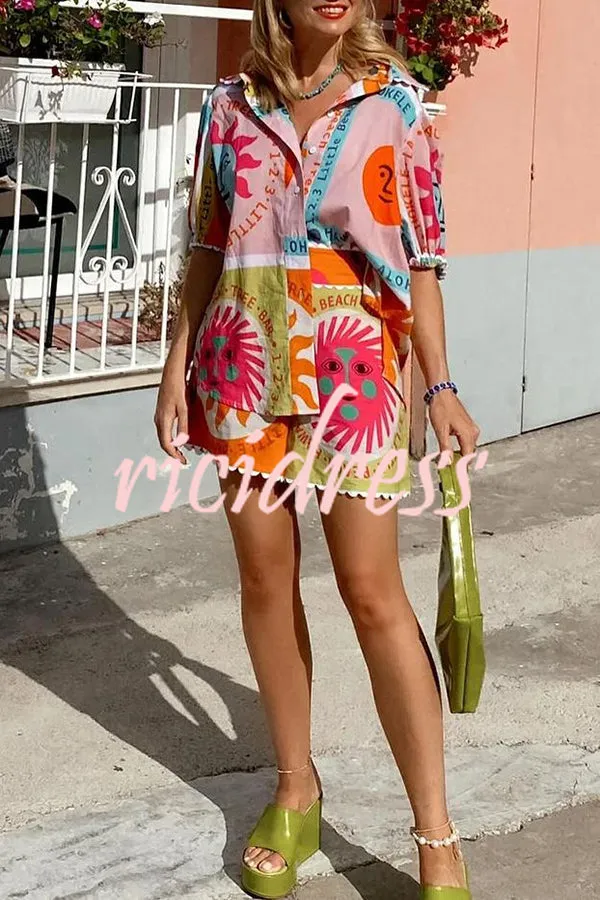 Quirky Sun Print Button Down Elastic Waist Pocket Shorts Set