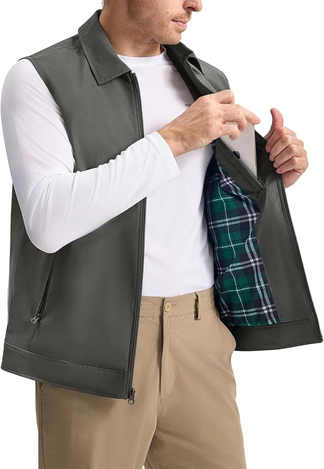 Rdruko Men's Golf Vest Lightweight Outerwear Windproof Water Resistant Grid Lining Vest with Zipper Pockets for Casual