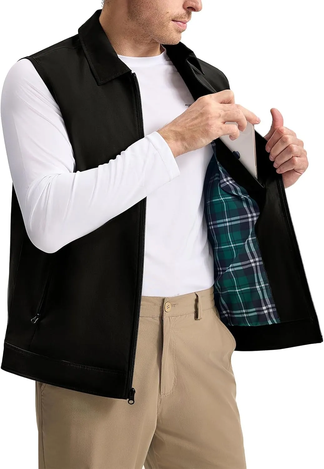 Rdruko Men's Golf Vest Lightweight Outerwear Windproof Water Resistant Grid Lining Vest with Zipper Pockets for Casual