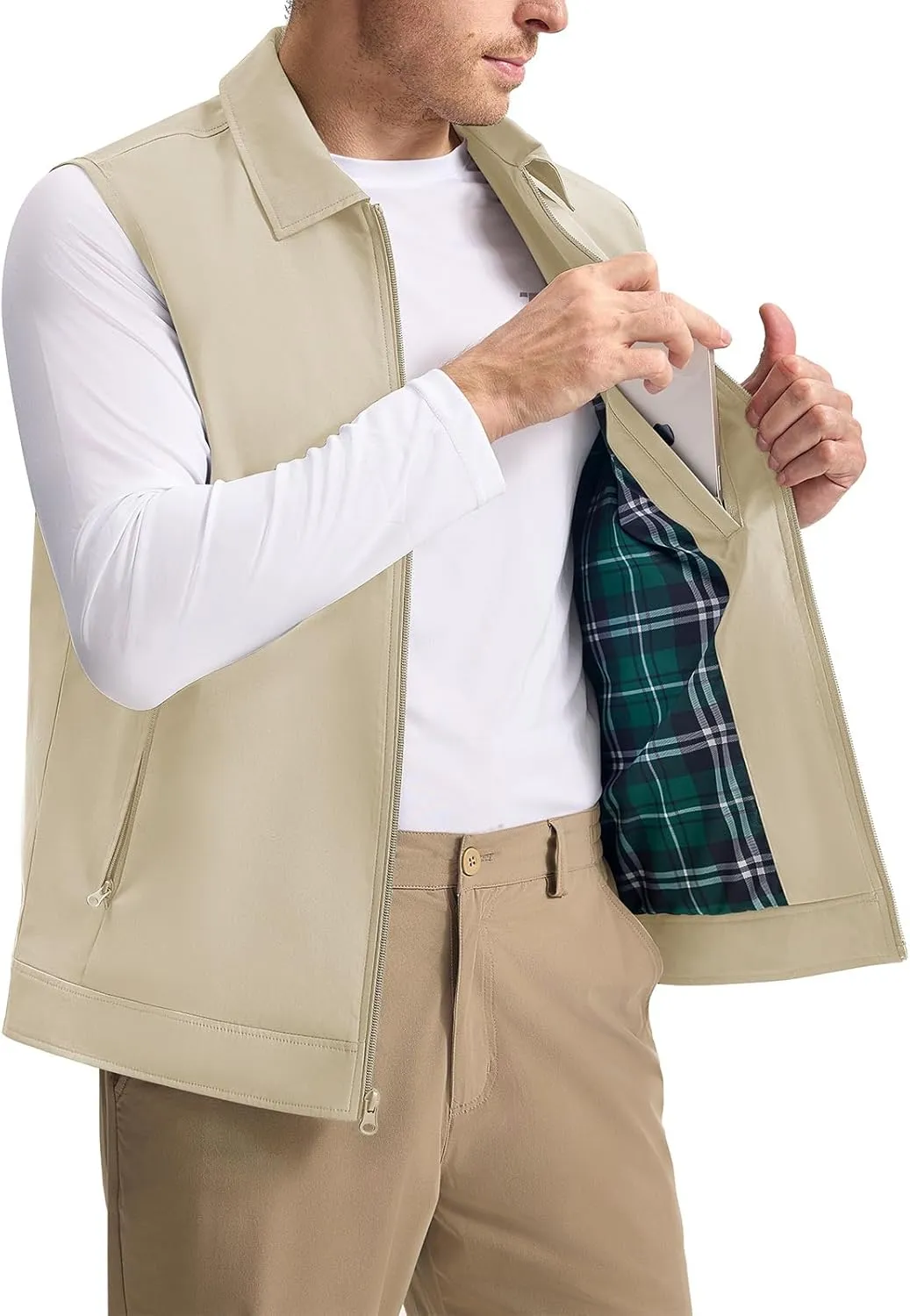Rdruko Men's Golf Vest Lightweight Outerwear Windproof Water Resistant Grid Lining Vest with Zipper Pockets for Casual