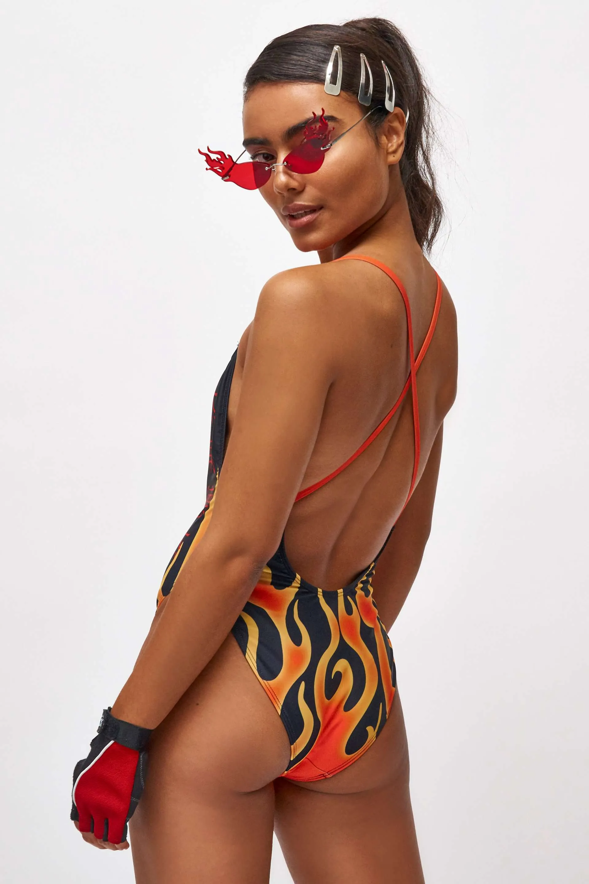 Red Flame Print Square Neck Swimsuit