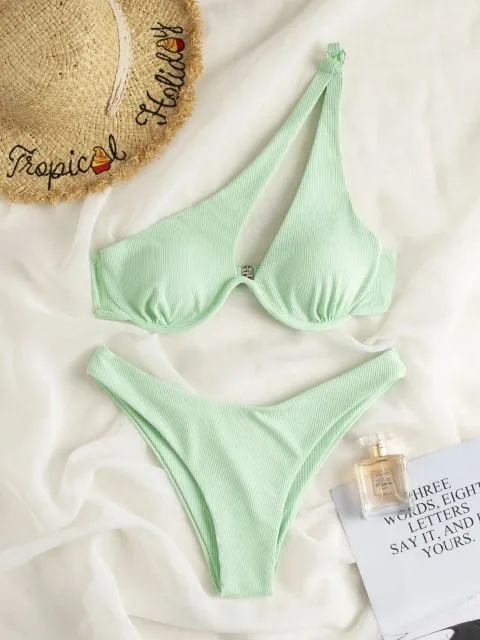 Rib Bikinis Women Push Up Swimsuit Two Piece