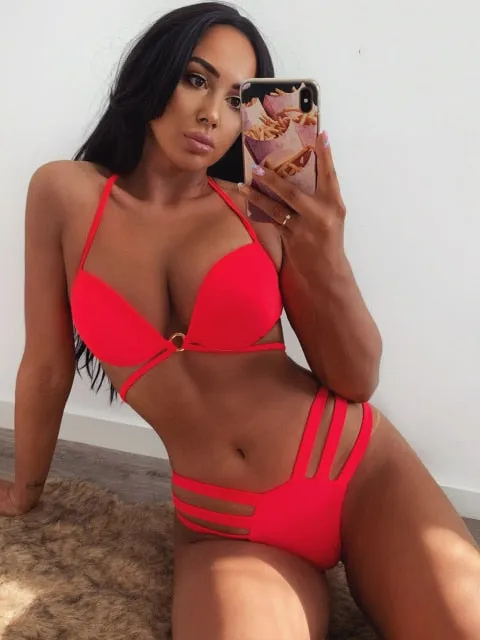 Rib Bikinis Women Push Up Swimsuit Two Piece