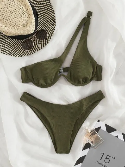 Rib Bikinis Women Push Up Swimsuit Two Piece