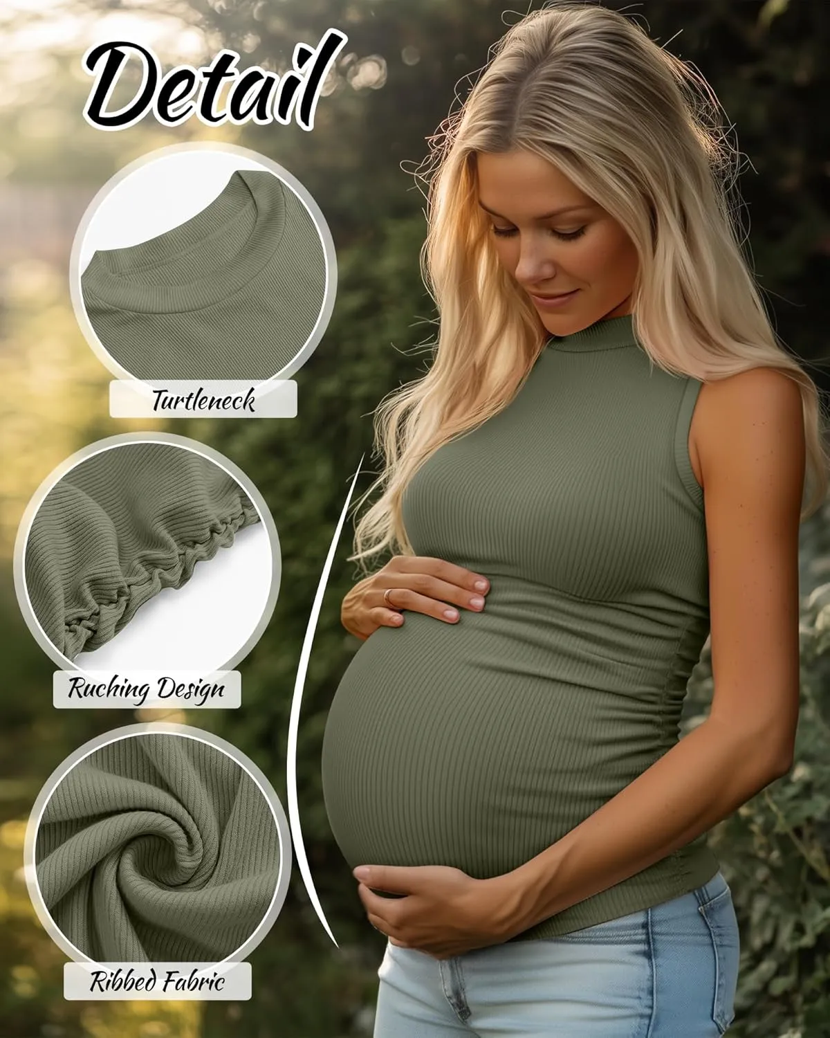 Riyiper 3 Pack 92% Cotton Mock Turtleneck Maternity Tank Tops, Ribbed Sleeveless Side Ruched Slim Pregnancy Shirts for Women