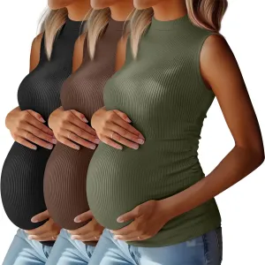 Riyiper 3 Pack 92% Cotton Mock Turtleneck Maternity Tank Tops, Ribbed Sleeveless Side Ruched Slim Pregnancy Shirts for Women