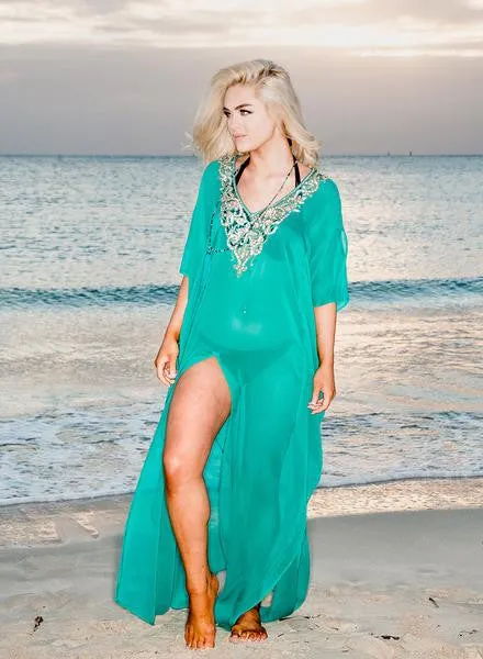 RK 11 - Ranee's Emerald Beaded Long Kaftan