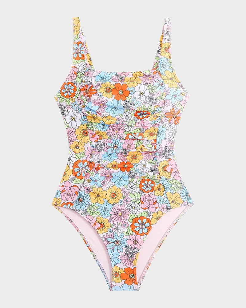 Ruched One-Piece Swimsuit with Square Neckline