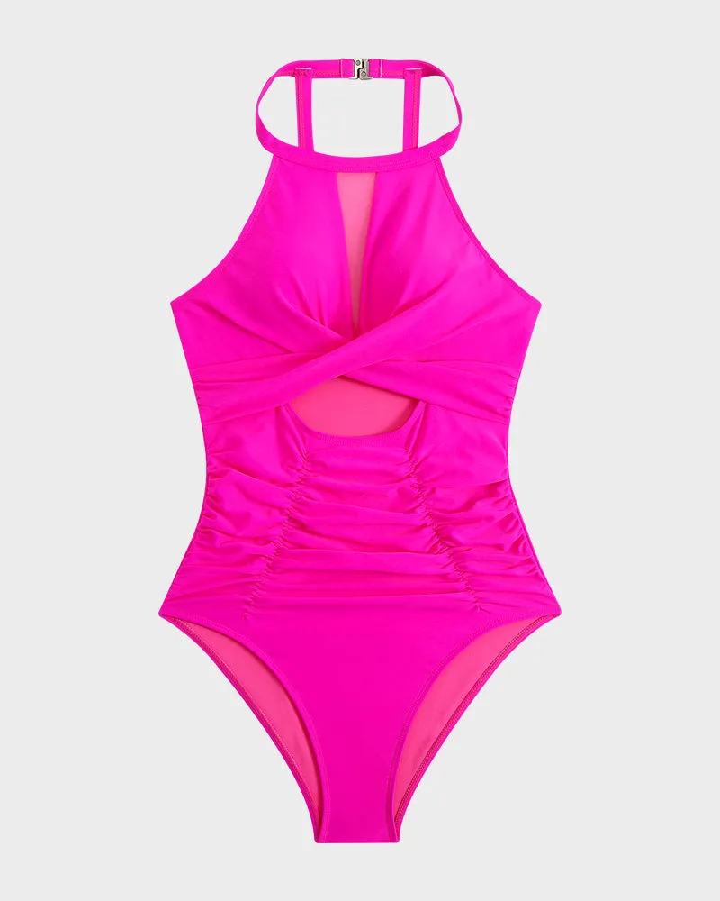 Ruched Swimsuit with Round Neck and Cut-Out Mesh Panels