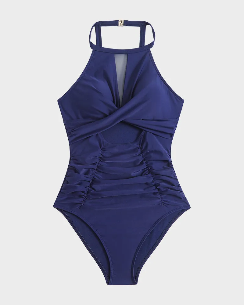 Ruched Swimsuit with Round Neck and Cut-Out Mesh Panels