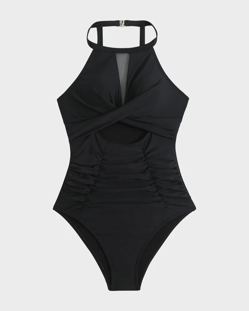 Ruched Swimsuit with Round Neck and Cut-Out Mesh Panels