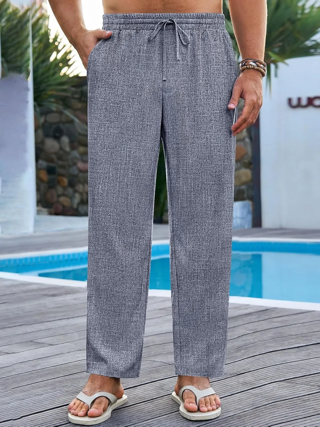 Runcati Mens Casual Pants Drawstring Elastic Waist Lightweight Cropped Linen Pants Summer Yoga Beach Trousers
