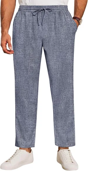 Runcati Mens Casual Pants Drawstring Elastic Waist Lightweight Cropped Linen Pants Summer Yoga Beach Trousers