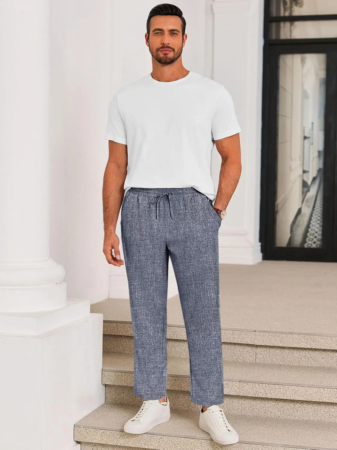 Runcati Mens Casual Pants Drawstring Elastic Waist Lightweight Cropped Linen Pants Summer Yoga Beach Trousers