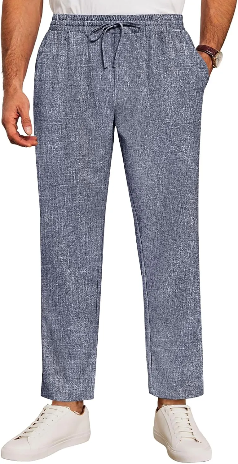 Runcati Mens Casual Pants Drawstring Elastic Waist Lightweight Cropped Linen Pants Summer Yoga Beach Trousers