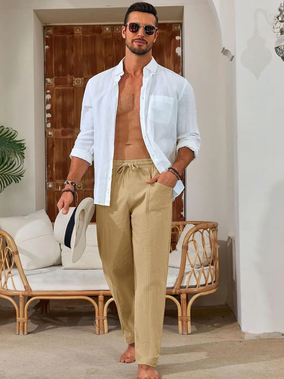 Runcati Mens Casual Pants Elastic Waist Drawstring Cotton Linen Pants Yoga Beach Summer Lightweight Trousers