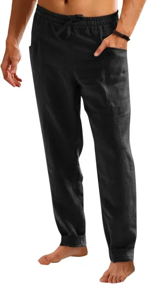 Runcati Mens Casual Pants Elastic Waist Drawstring Cotton Linen Pants Yoga Beach Summer Lightweight Trousers