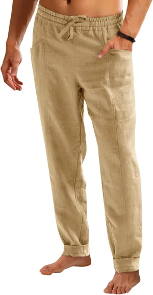 Runcati Mens Casual Pants Elastic Waist Drawstring Cotton Linen Pants Yoga Beach Summer Lightweight Trousers