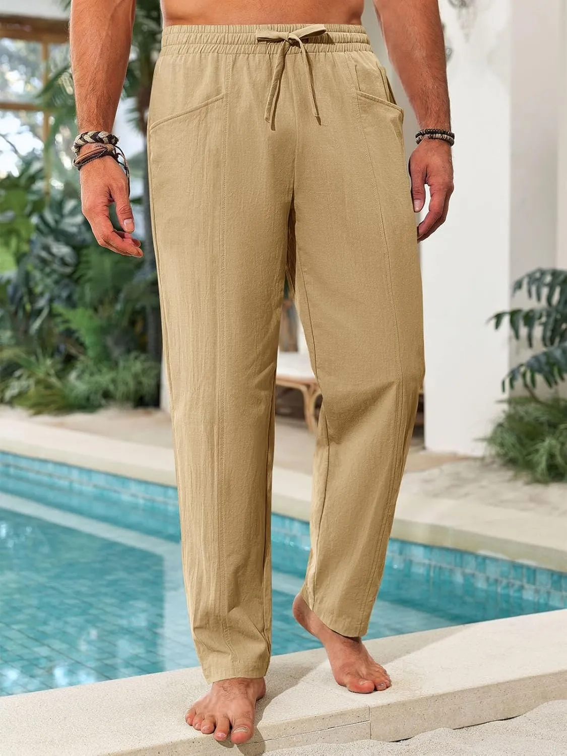 Runcati Mens Casual Pants Elastic Waist Drawstring Cotton Linen Pants Yoga Beach Summer Lightweight Trousers