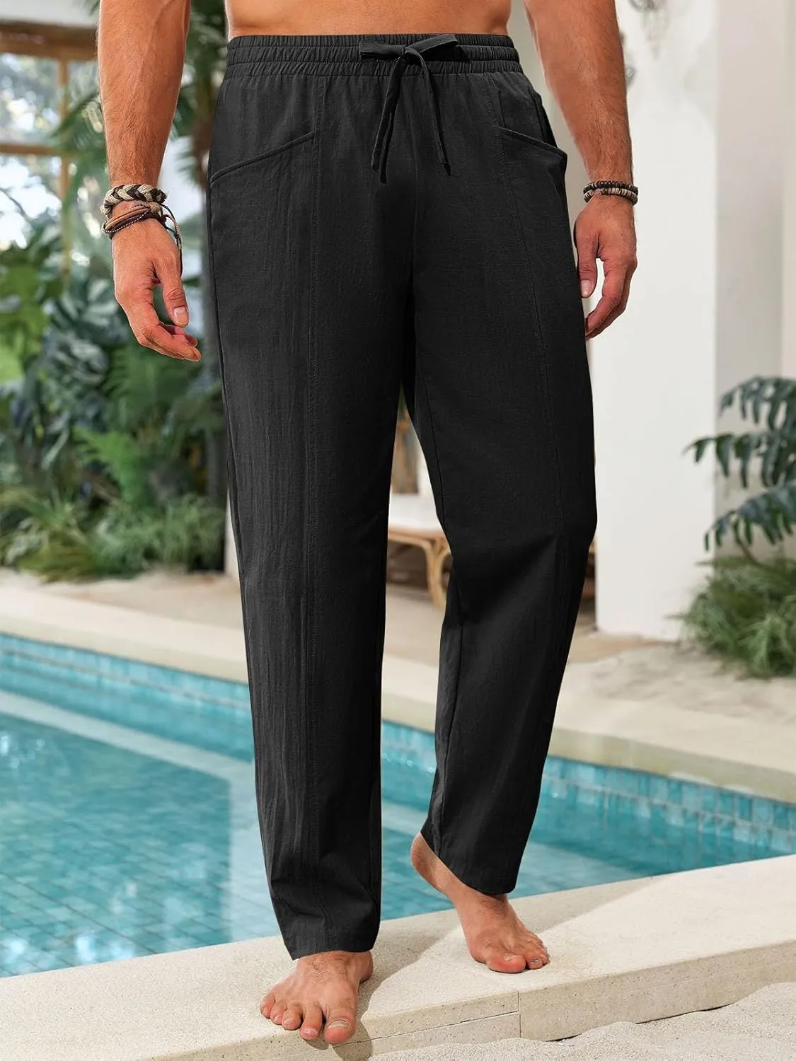 Runcati Mens Casual Pants Elastic Waist Drawstring Cotton Linen Pants Yoga Beach Summer Lightweight Trousers