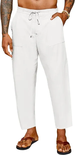 Runcati Mens Cotton Casual Pants Elastic Waist Drawstring Lightweight Cropped Pants Summer Beach Yoga Trousers