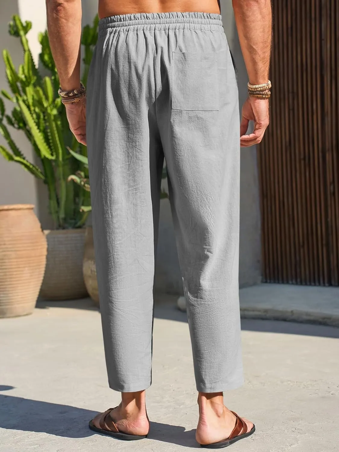 Runcati Mens Cotton Casual Pants Elastic Waist Drawstring Lightweight Cropped Pants Summer Beach Yoga Trousers