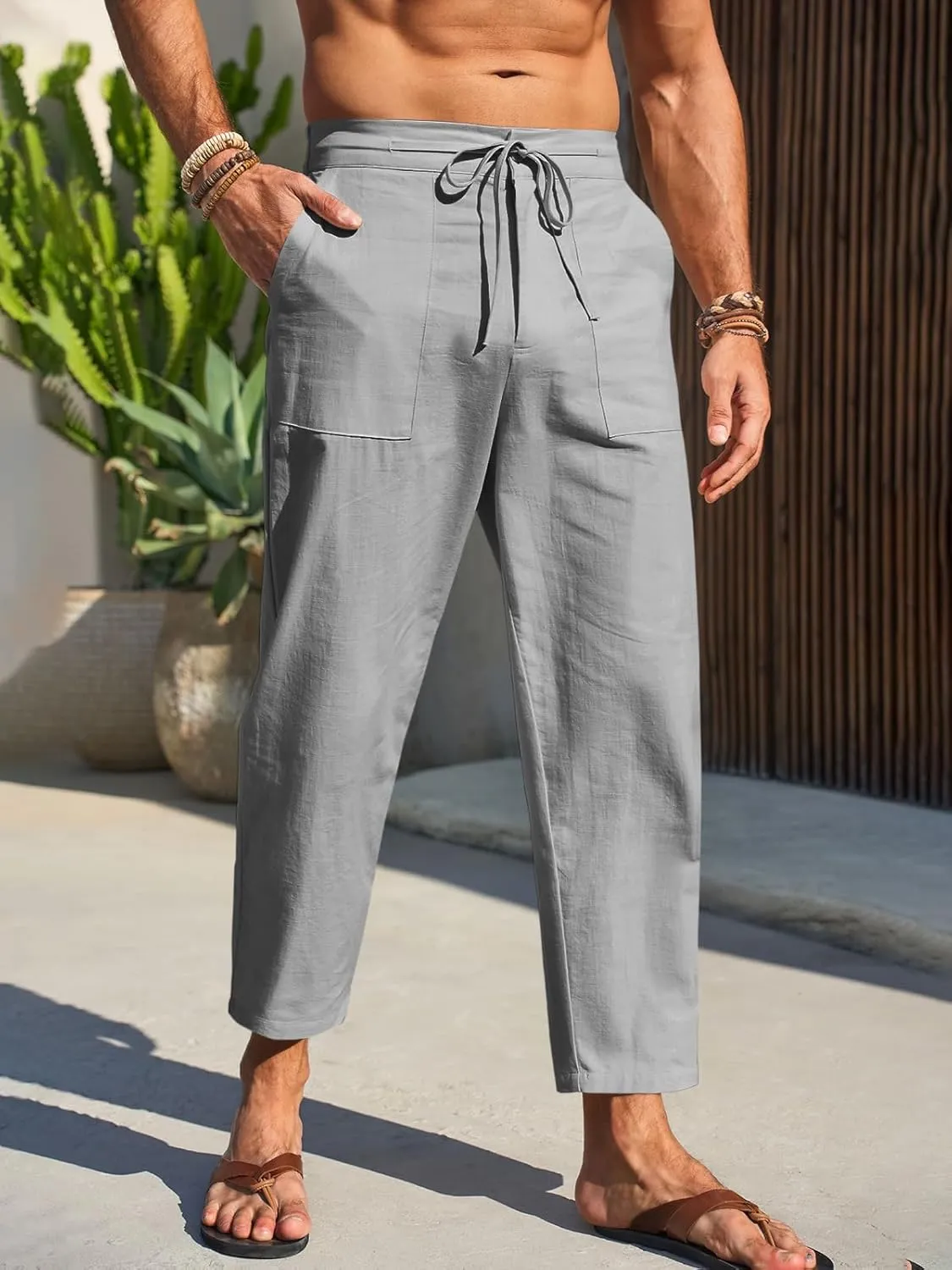 Runcati Mens Cotton Casual Pants Elastic Waist Drawstring Lightweight Cropped Pants Summer Beach Yoga Trousers