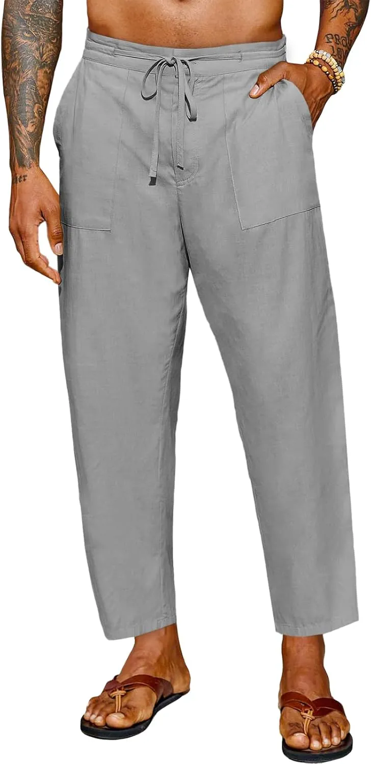 Runcati Mens Cotton Casual Pants Elastic Waist Drawstring Lightweight Cropped Pants Summer Beach Yoga Trousers