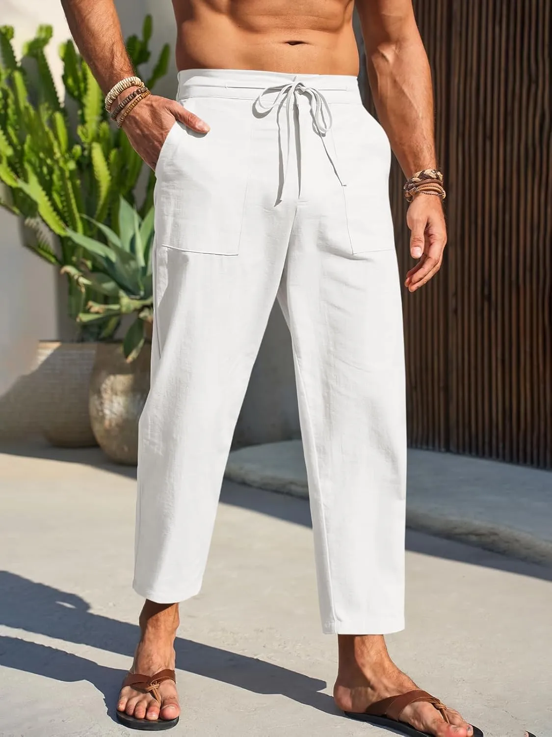Runcati Mens Cotton Casual Pants Elastic Waist Drawstring Lightweight Cropped Pants Summer Beach Yoga Trousers
