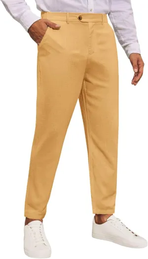 Runcati Mens Slim Fit Casual Pants Cotton Linen Tapered Pants Elastic Waist Summer Beach Lightweight Trousers