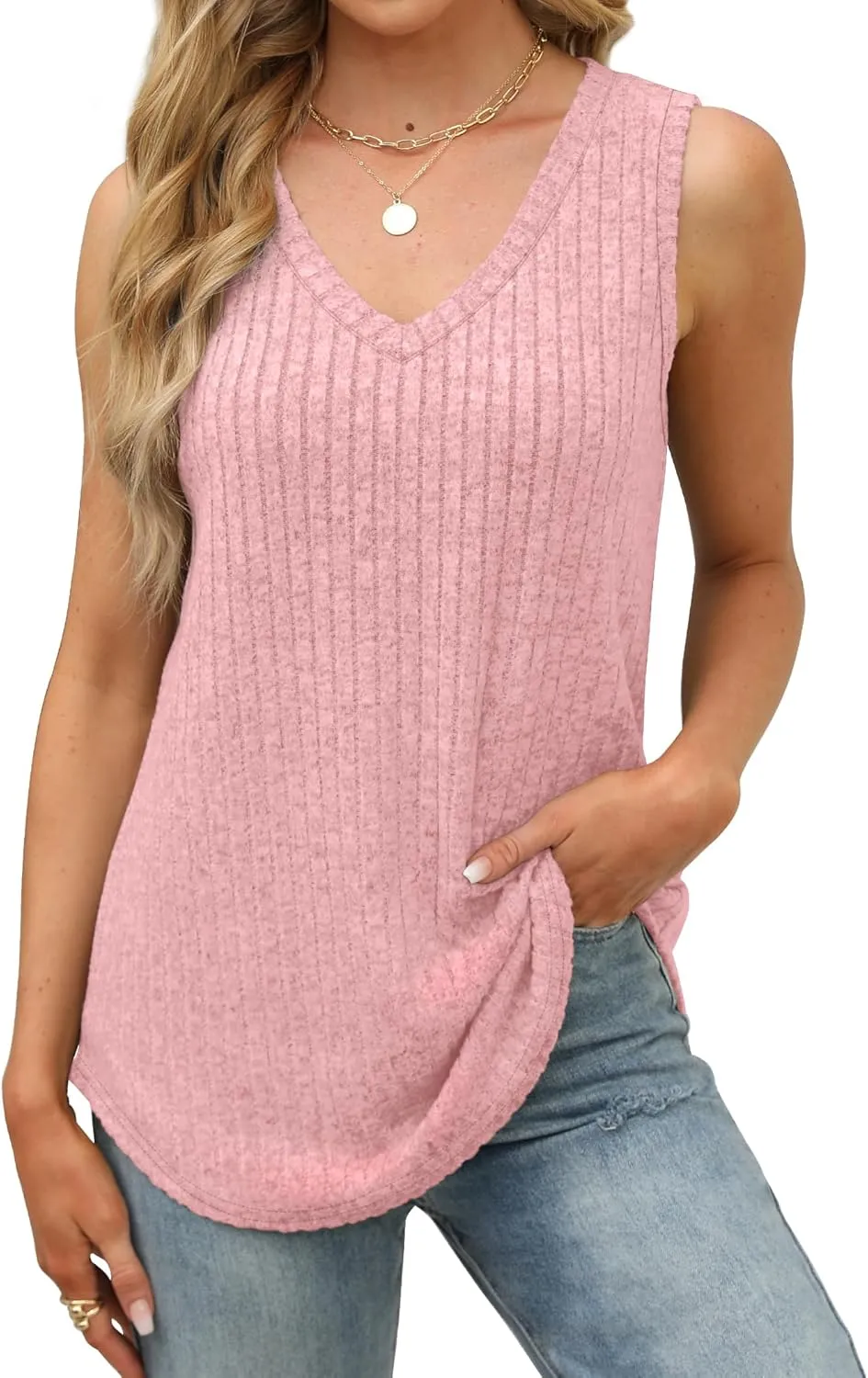 Saloogoe Tank Tops for Women 2025 V Neck Summer Sweaters Vest Lightweight Curved Hem Spring Beach Fashion