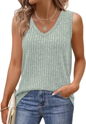 Saloogoe Tank Tops for Women 2025 V Neck Summer Sweaters Vest Lightweight Curved Hem Spring Beach Fashion
