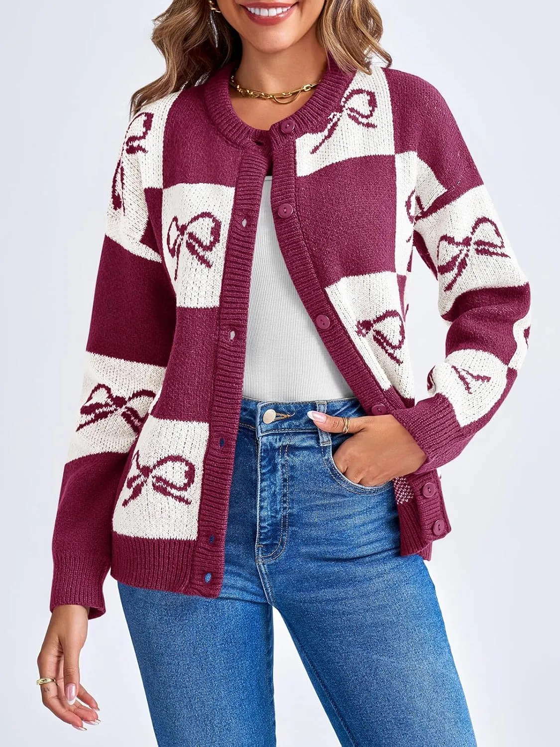 Saodimallsu Womens Checkered Sweater Bow Color Block Plaid Cardigan Long Sleeve Button Open Front Knit Coat