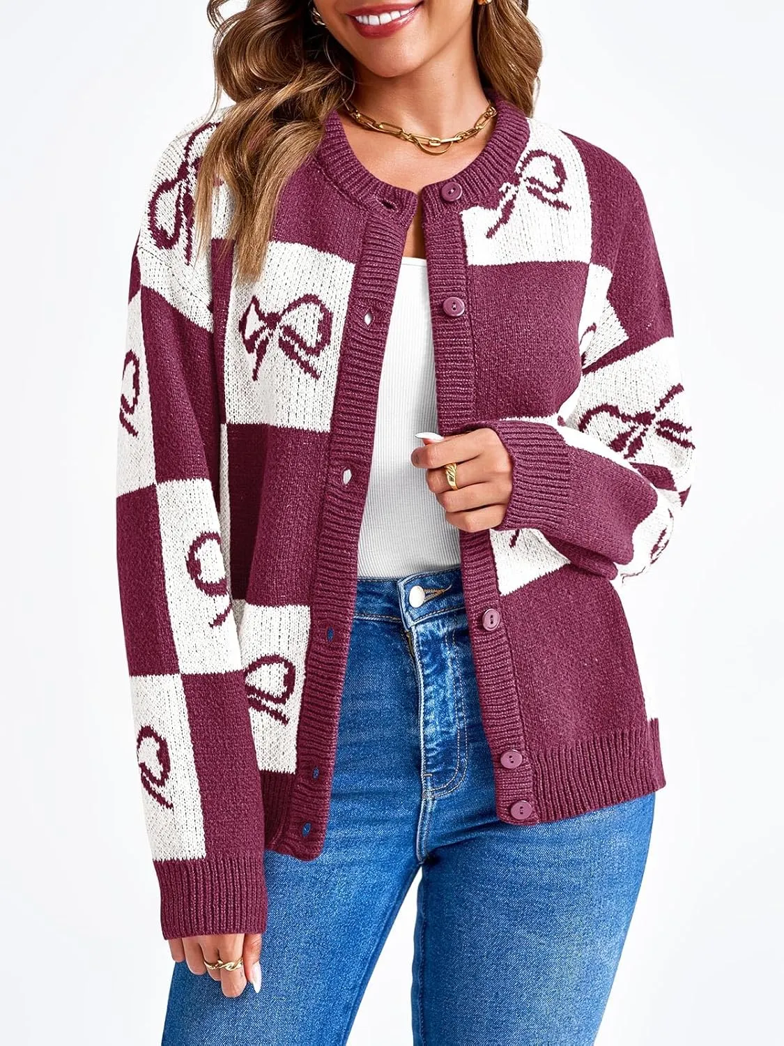 Saodimallsu Womens Checkered Sweater Bow Color Block Plaid Cardigan Long Sleeve Button Open Front Knit Coat